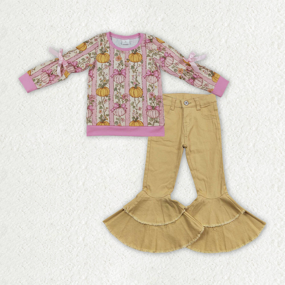 Pumpkin floral top yellow jeans bell bottoms girls spring fall outfit