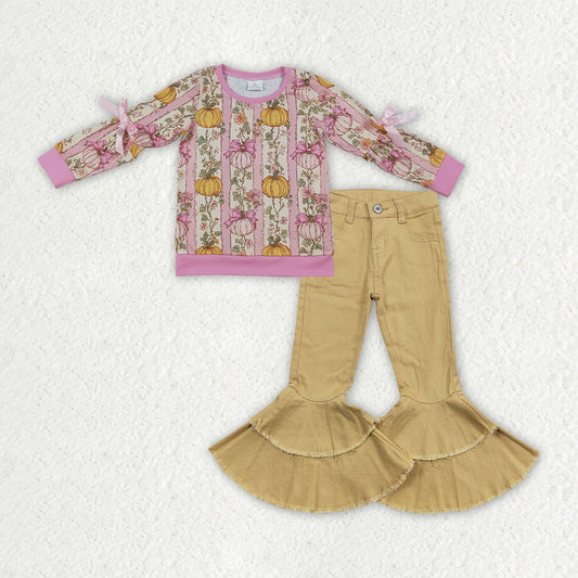Pumpkin floral top yellow jeans bell bottoms girls spring fall outfit