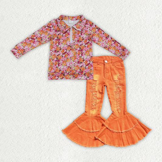 Floral top orange jeans bell bottoms girls spring fall outfit