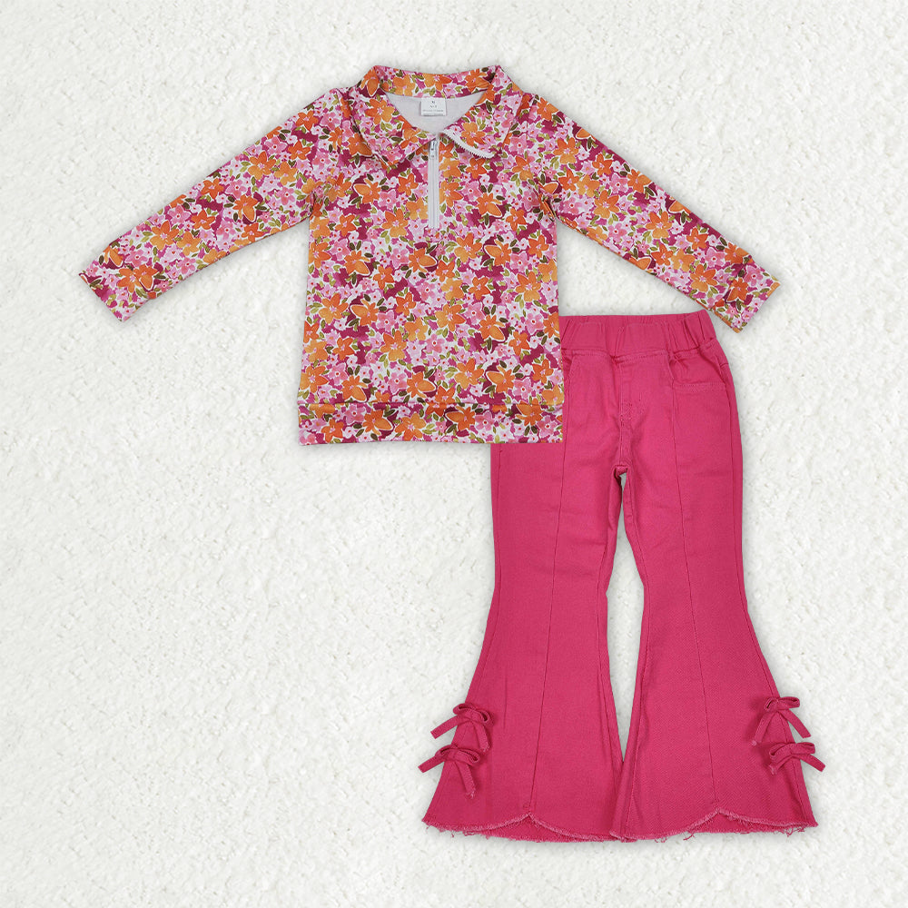 Floral top hot pink jeans bell bottoms girls spring fall outfit