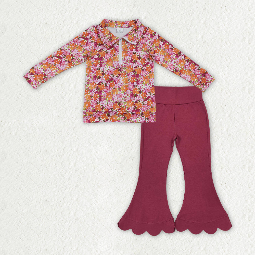Floral top red scalloped pants girls spring fall outfit
