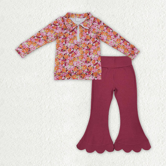 Floral top red scalloped pants girls spring fall outfit