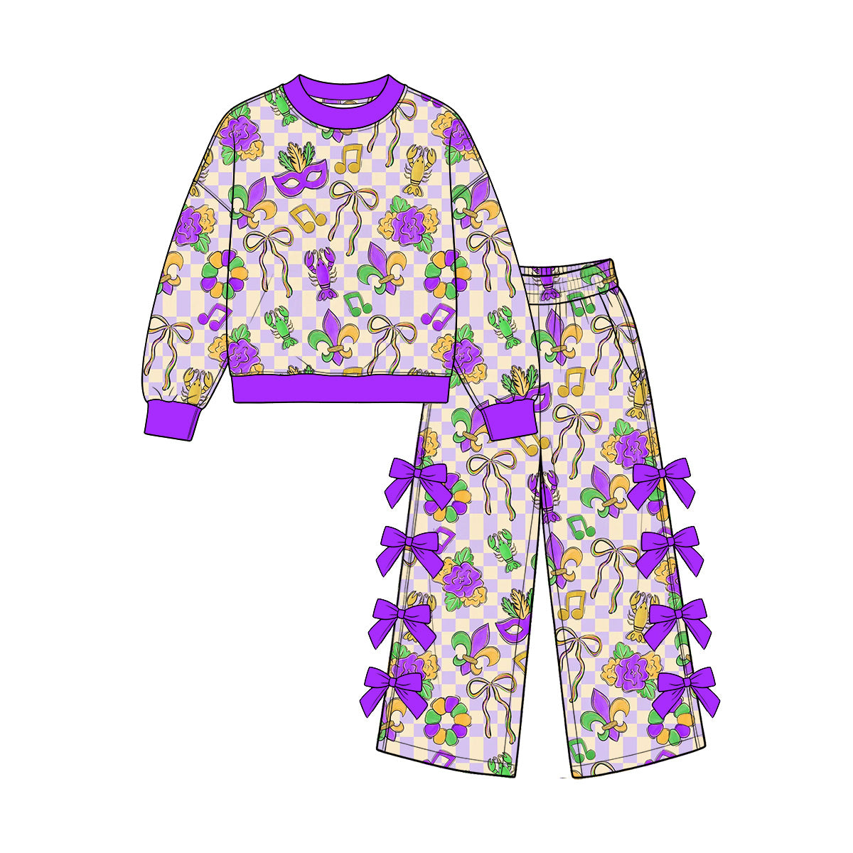 Long sleeve Mardi Gras top matching bow pants girls clothes preorder