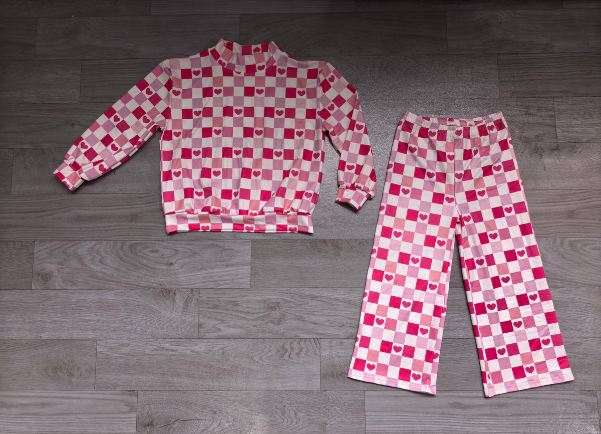Long sleeve Valentines day heart mock neck top matching pants girls pajama set preorder