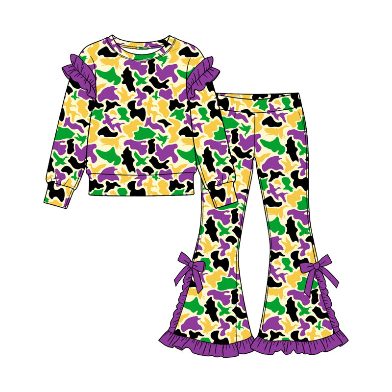 Mardi Gras camo duck print long sleeve top matching pants girls outfit preorder