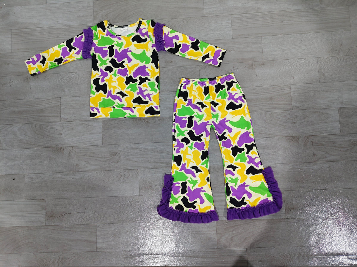 Mardi Gras camo duck print long sleeve top matching pants girls outfit preorder