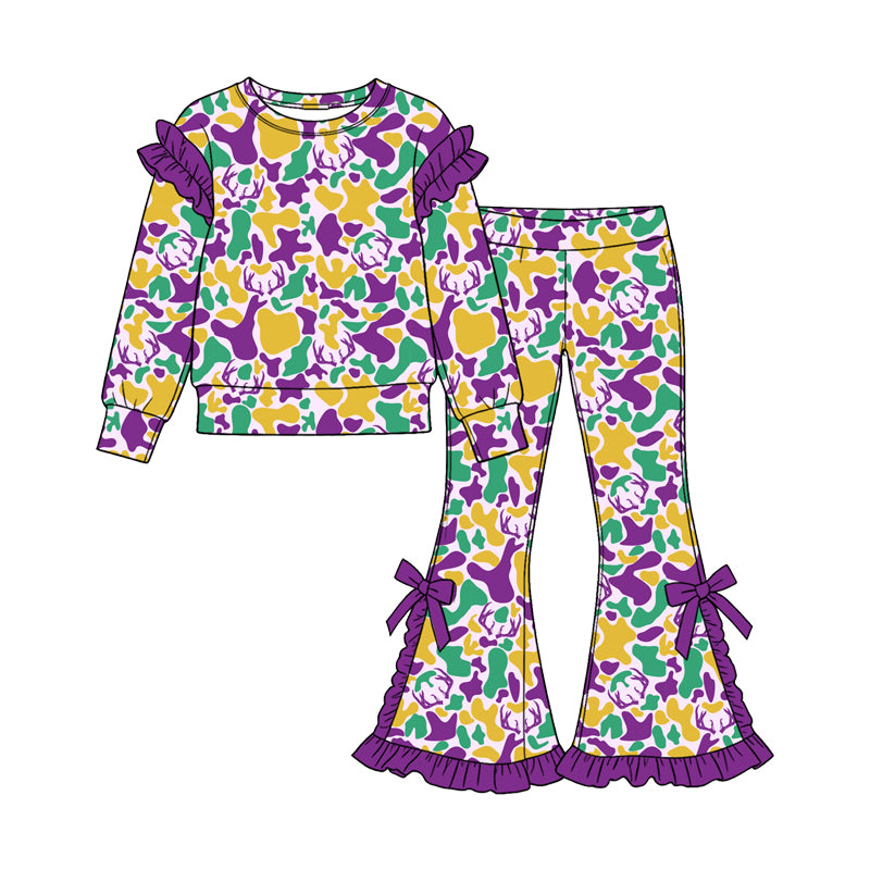 Mardi Gras camo deer print long sleeve top matching pants girls outfit preorder