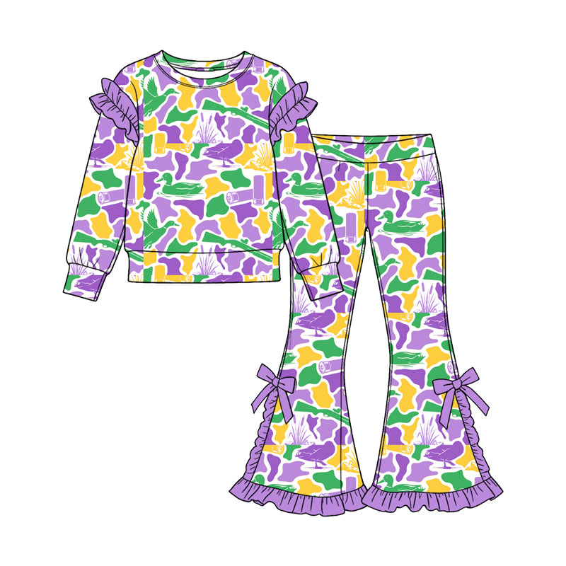 Mardi Gras camo duck print long sleeve top matching pants girls outfit preorder