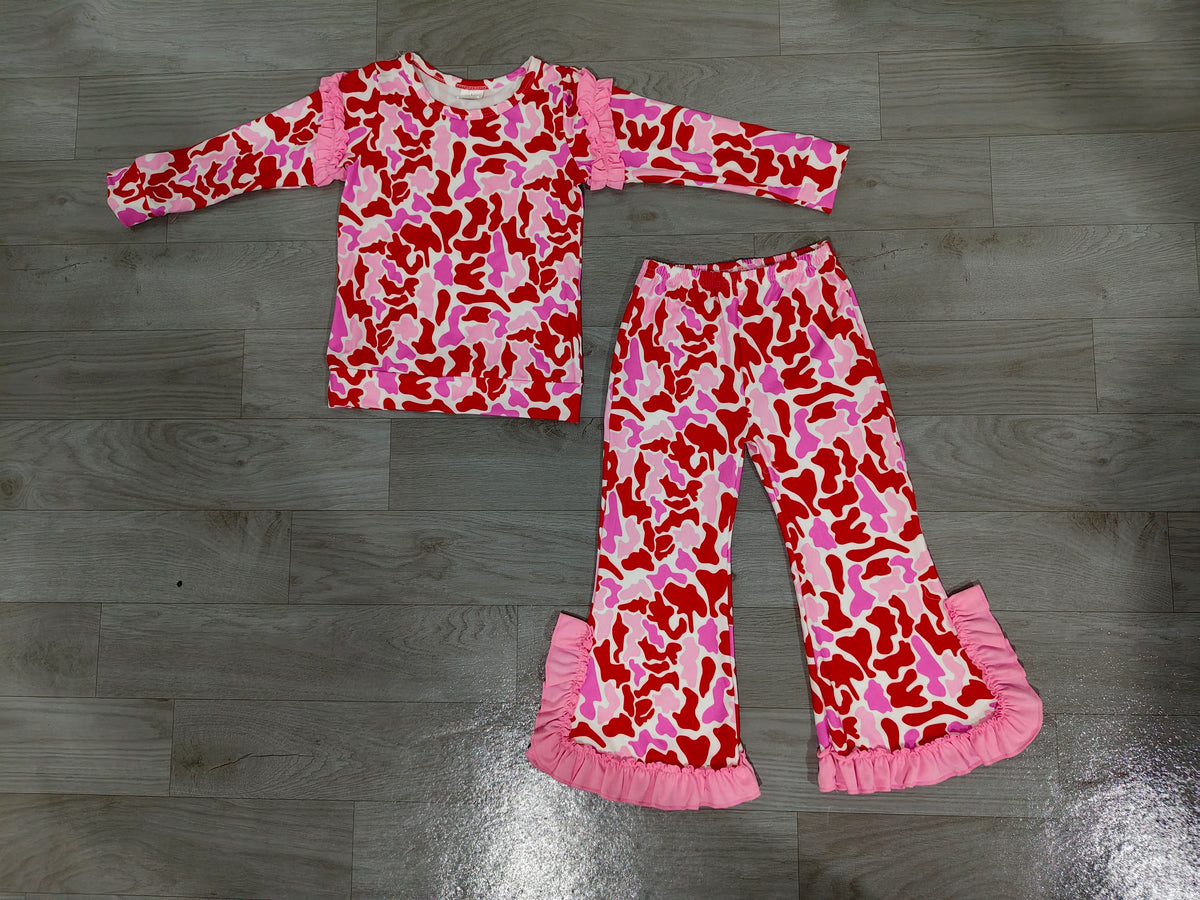 Valentines day camo print long sleeve top matching pants girls outfit preorder