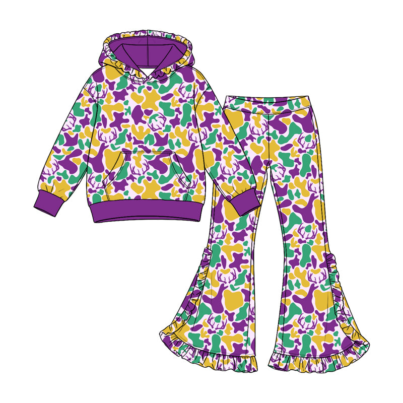 Mardi Gras deer camo print girls long sleeve hoodie set outfit preorder