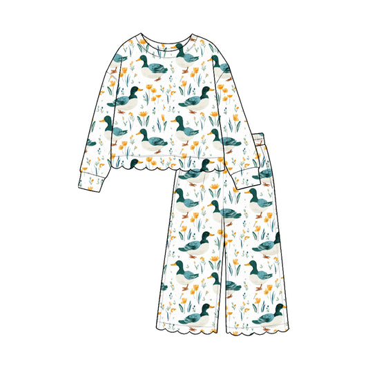 Duck print long sleeve scallop top matching pants girls outfit preorder
