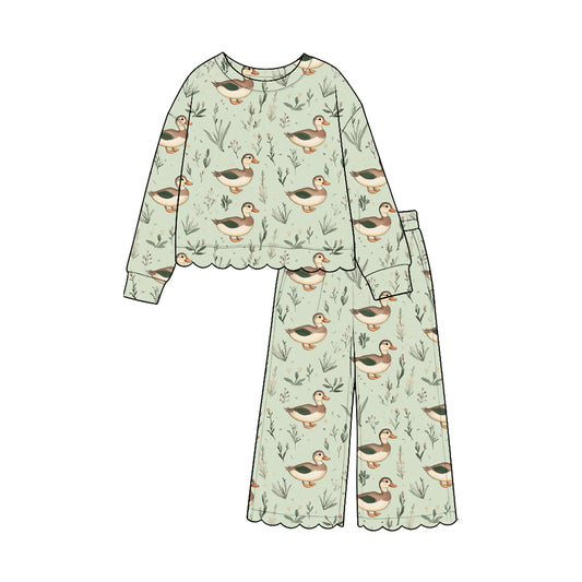 Duck print long sleeve scallop top matching pants girls outfit preorder