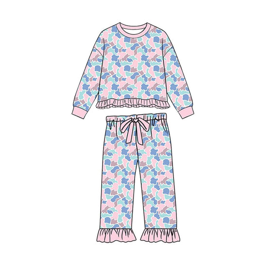 Pink blue camo print long sleeve scallop top matching pants girls outfit preorder