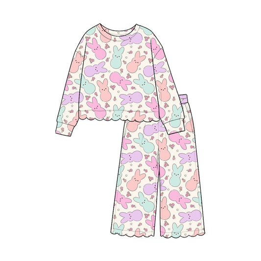 Easter bunny print long sleeve scallop top matching pants girls outfit preorder