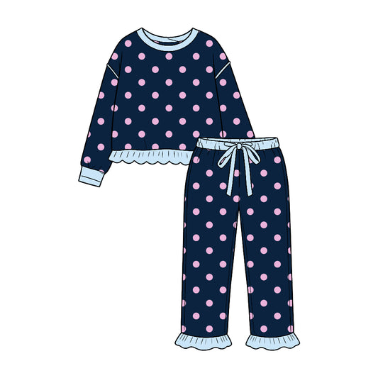 Pink dots navy color long sleeve top matching pants girls holiday outfit preorder