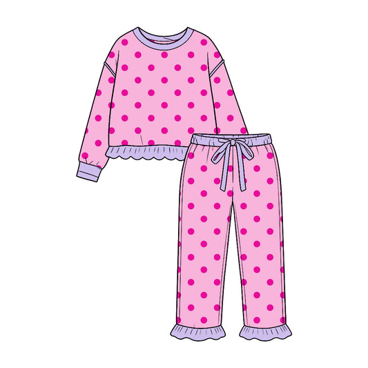 Pink dots color long sleeve top matching pants girls holiday outfit preorder
