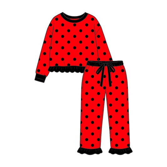 Black dots red color long sleeve top matching pants girls holiday outfit preorder