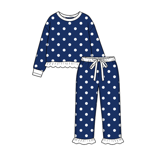 White dots blue color long sleeve top matching pants girls holiday outfit preorder