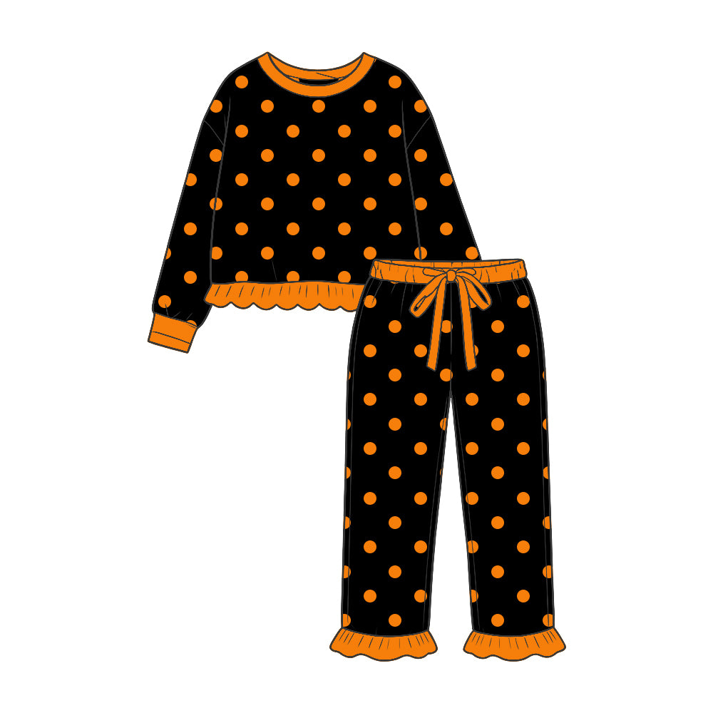 Orange dots black color long sleeve top matching pants girls holiday outfit preorder