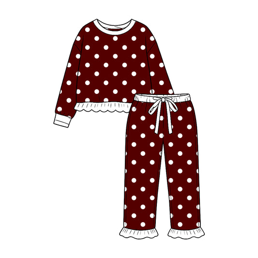 White dots maroon color long sleeve top matching pants girls holiday outfit preorder