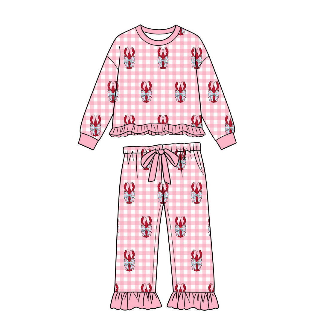 Crawfish pink plaid print girlss long sleeve pajama set preorder