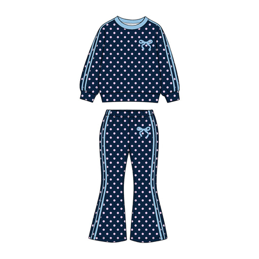 Blue dots bow print girls long sleeve set outfit preorder