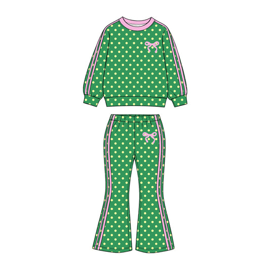 Green dots bow print girls long sleeve set outfit preorder