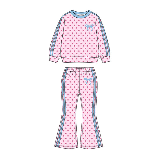 Pink dots bow print girls long sleeve set outfit preorder