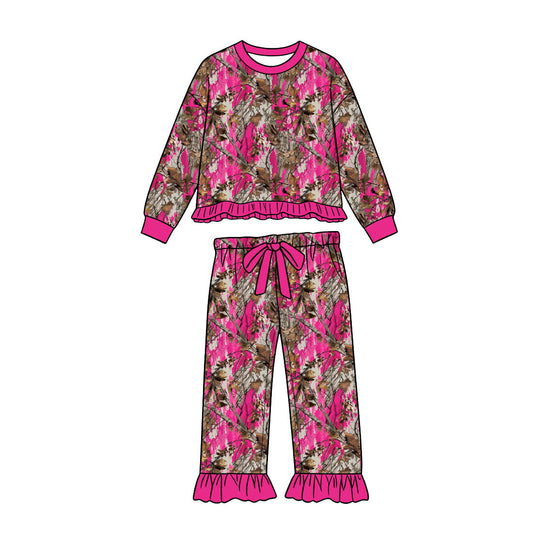 Hot pink leaves print girls long sleeve set outfit preorder