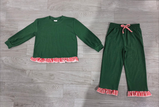 Christmas green color long sleeve top matching pants girls clothes set preorder