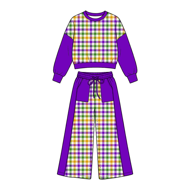 Mardi Gras plaid print girls long sleeve matching set outfit preorder
