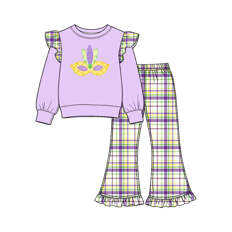Mardi Gras plaid print girls long sleeve matching set outfit preorder