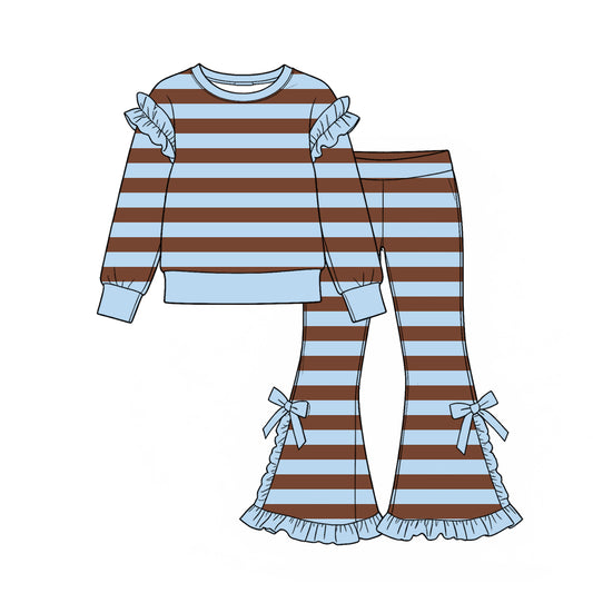 Blue brown stripes print girl long sleeve set outfit preorder