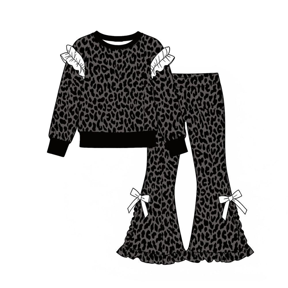 Black leopard print girl long sleeve set outfit preorder