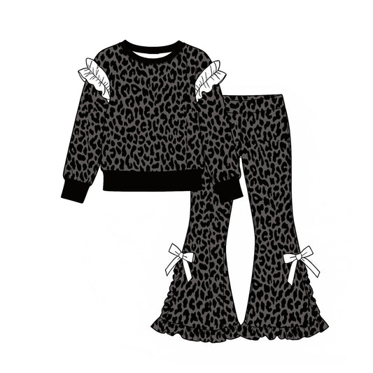 Black leopard print girl long sleeve set outfit preorder