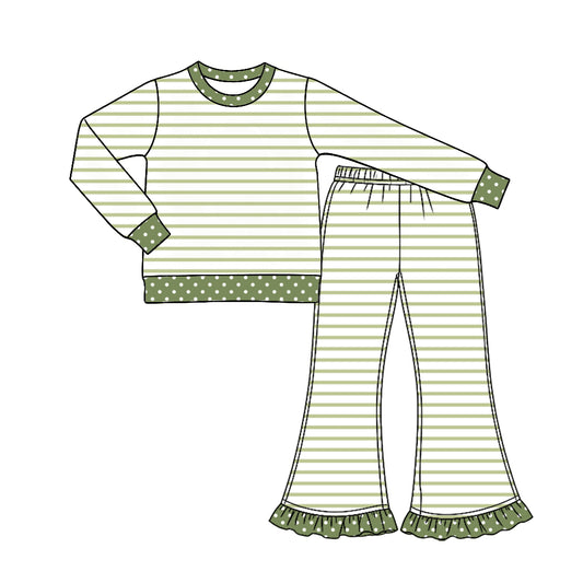 Green stripes print girl long sleeve set outfit preorder