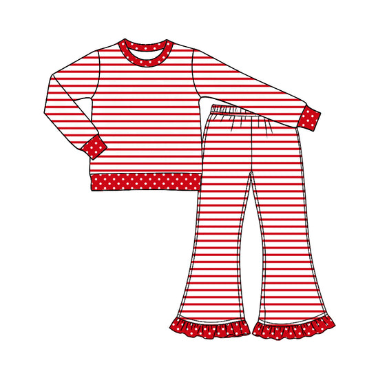 Red stripes print girl long sleeve set outfit preorder