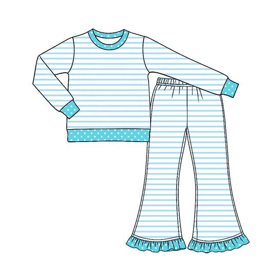 Blue stripes print girl long sleeve set outfit preorder