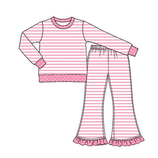 Pink stripes print girl long sleeve set outfit preorder