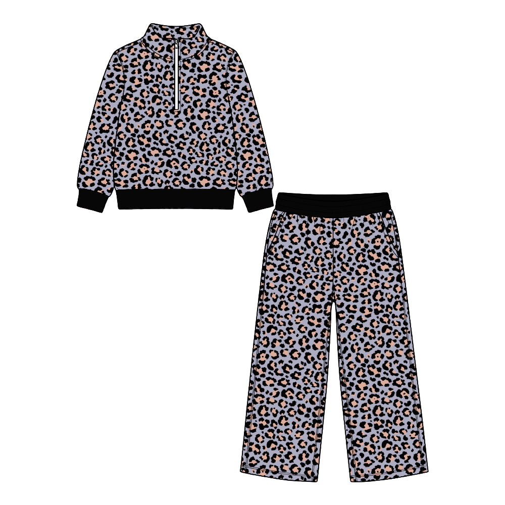 Leopard print girl long sleeve pullover pants set outfit preorder