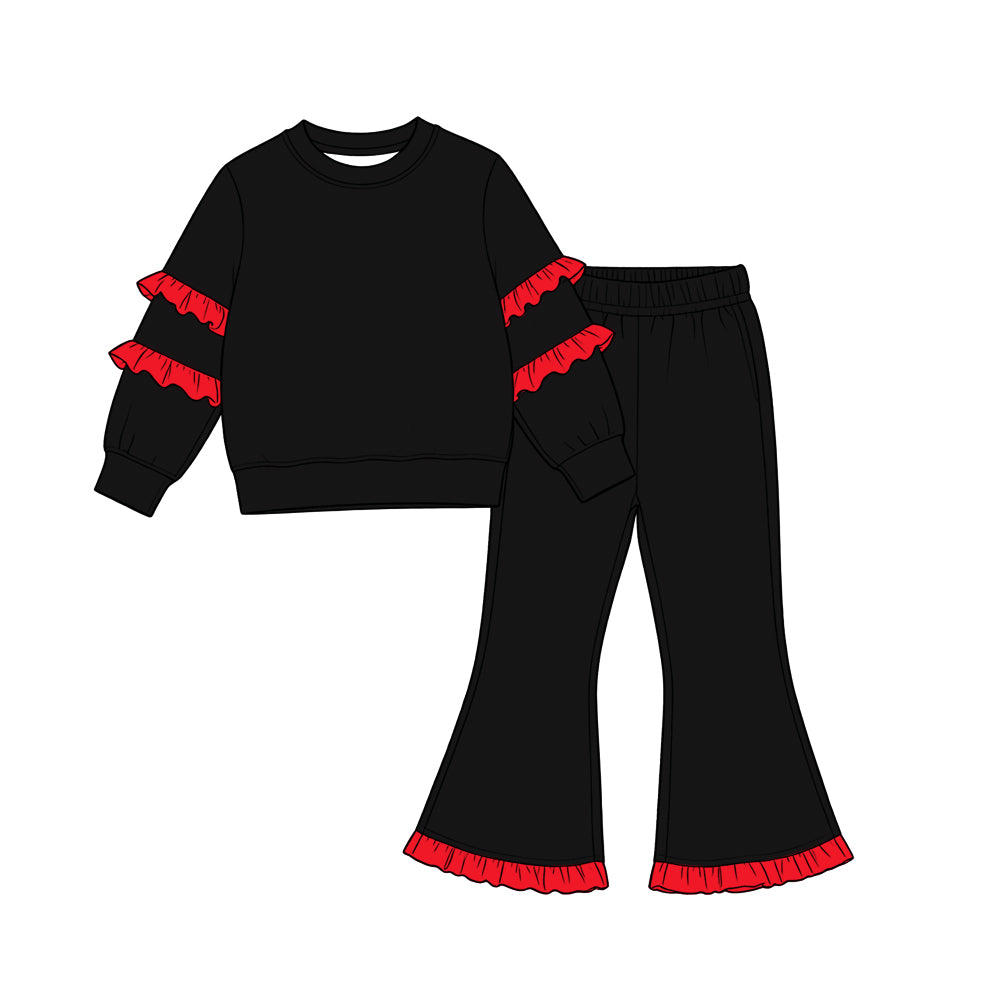 Black color red ruffle girl long sleeve top pants set outfit preorder