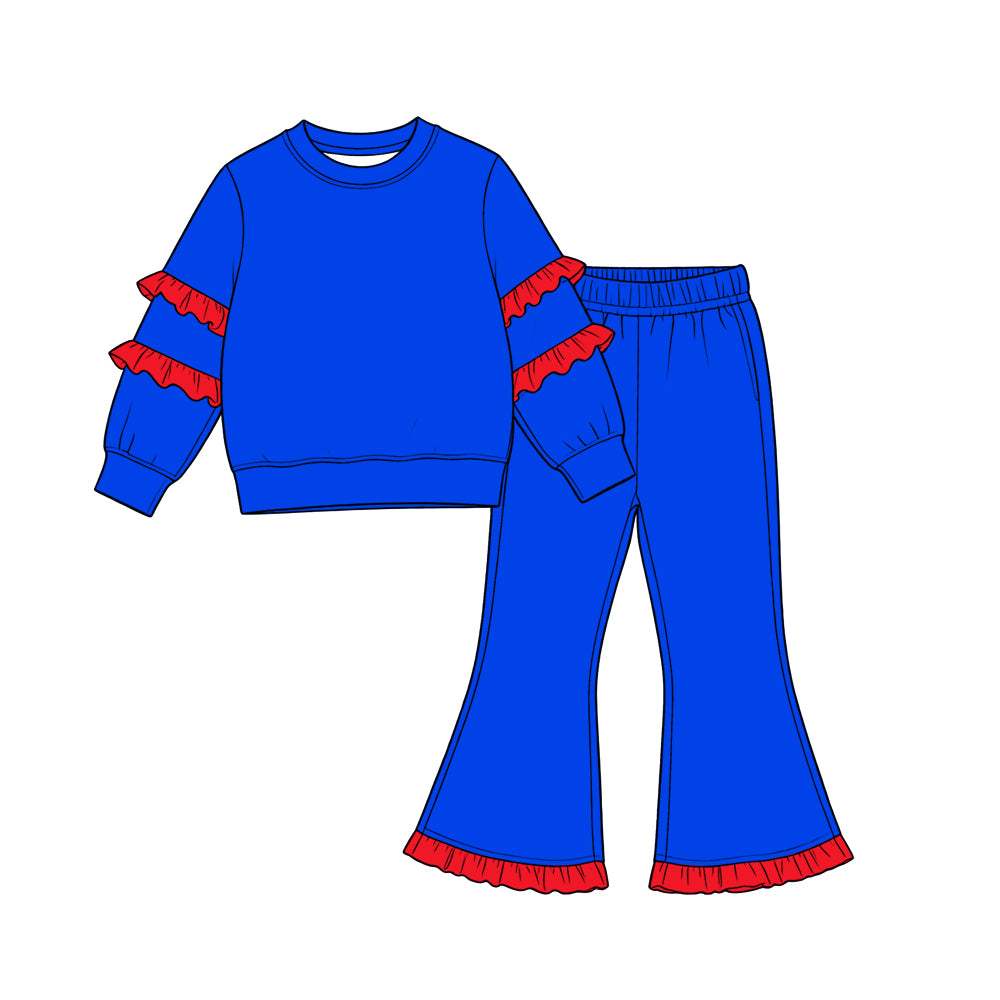 Blue color red ruffle girl long sleeve top pants set outfit preorder