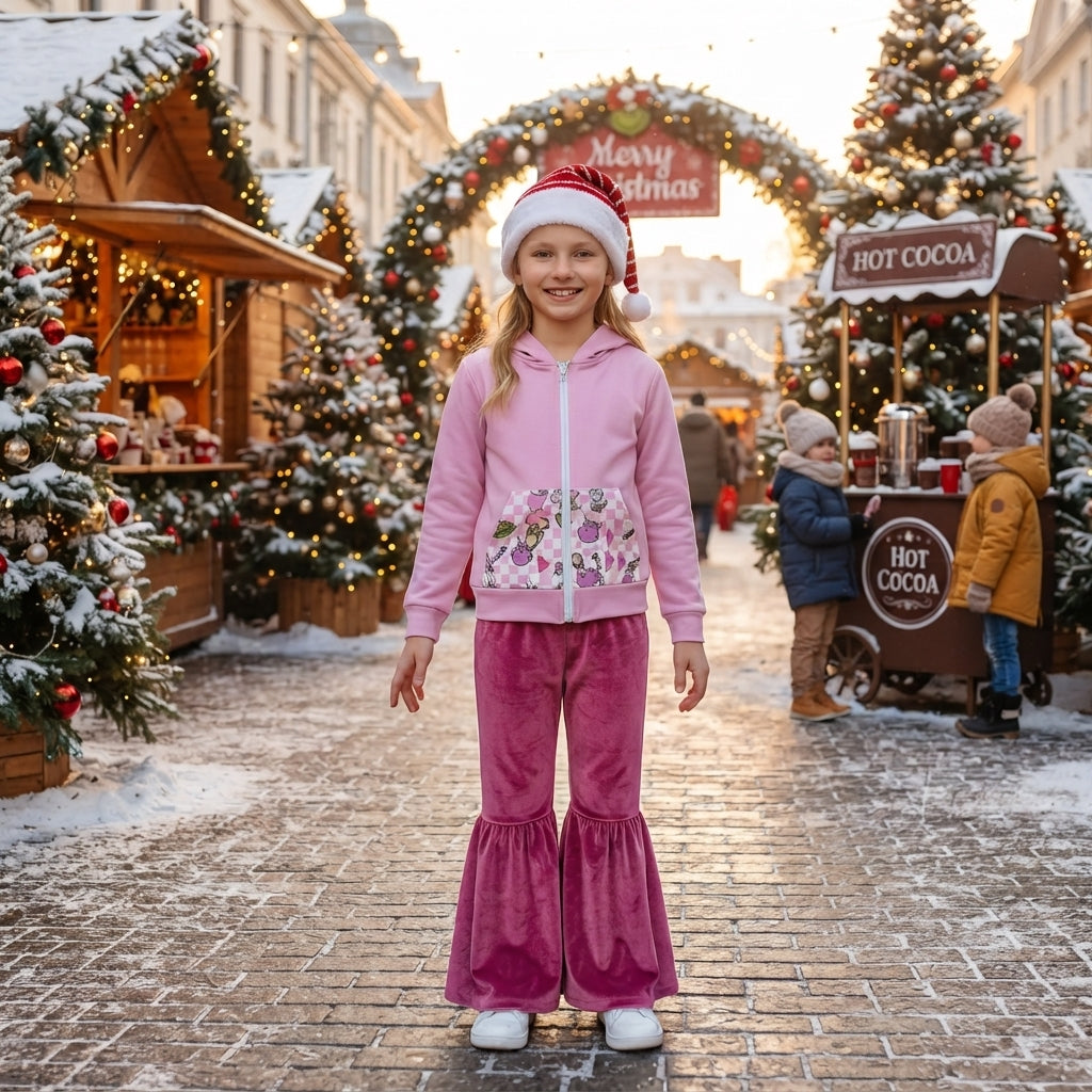 Christmas green face long sleeve hoodie top pink velvet pants outfit