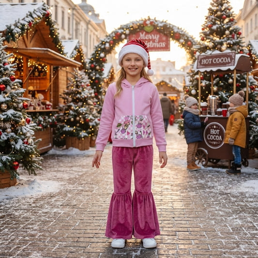 Christmas green face long sleeve hoodie top pink velvet pants outfit