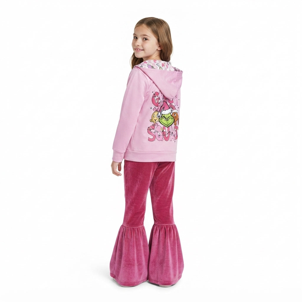 Christmas green face long sleeve hoodie top pink velvet pants outfit