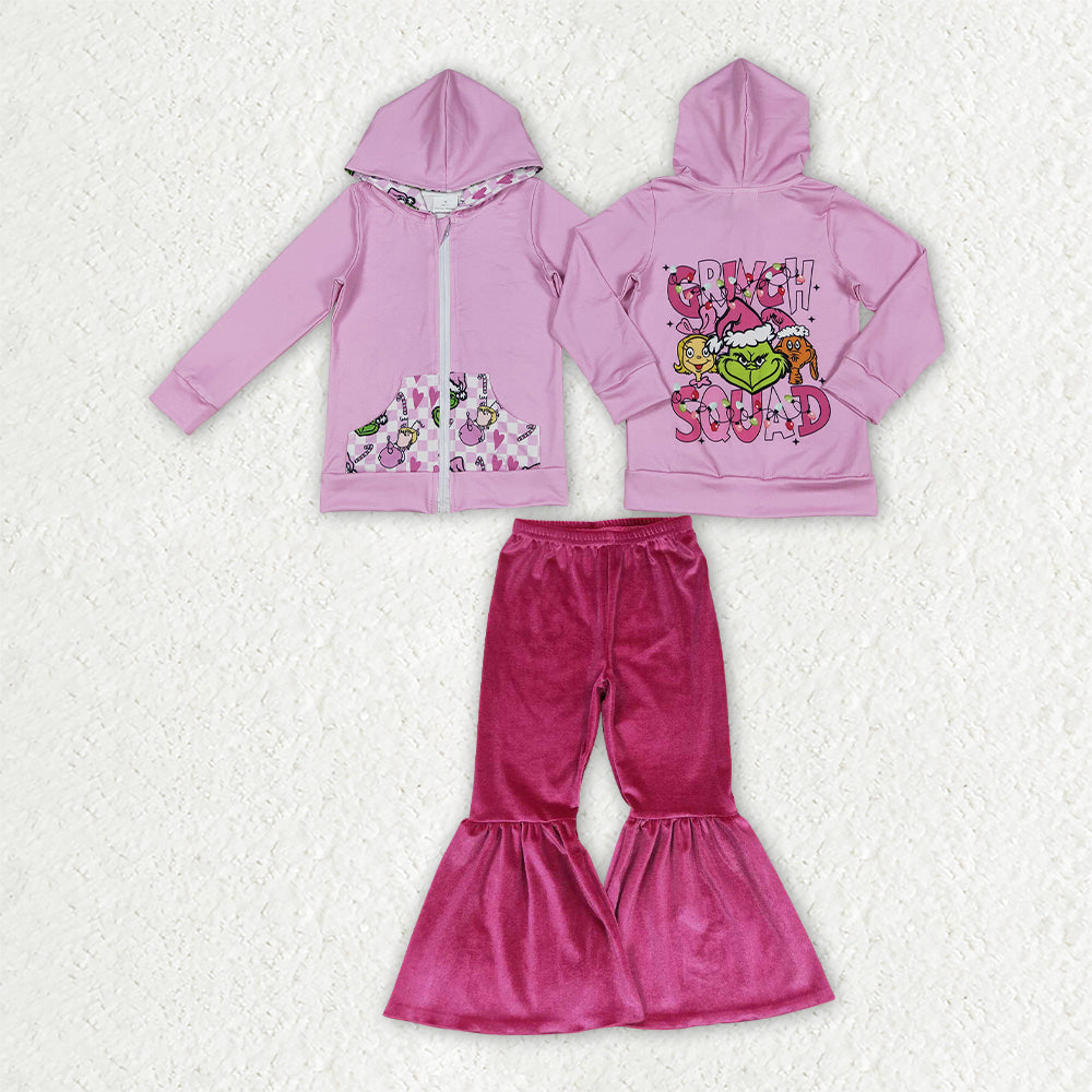 Christmas green face long sleeve hoodie top pink velvet pants outfit