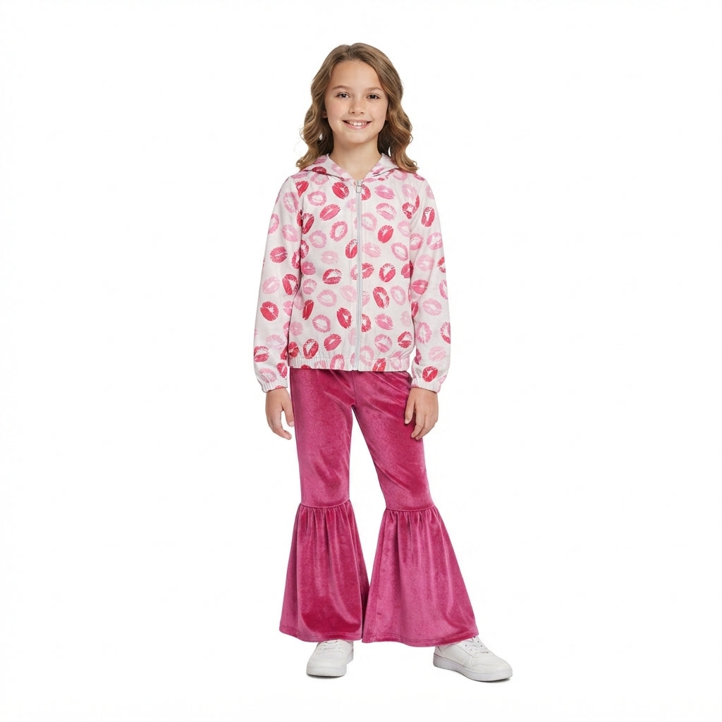 Valentines day long sleeve hoodie top pink velvet pants outfit