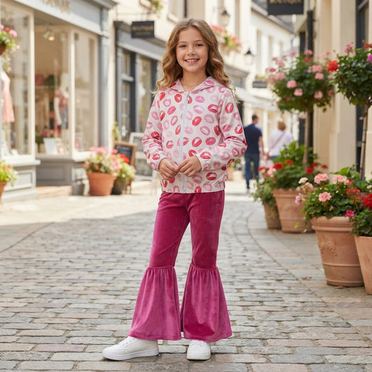 Valentines day long sleeve hoodie top pink velvet pants outfit