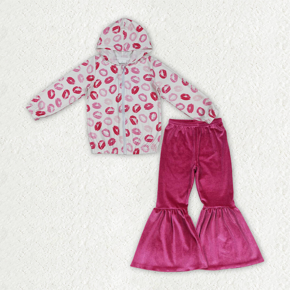 Valentines day long sleeve hoodie top pink velvet pants outfit