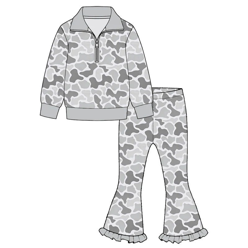 Grey camo print girls long sleeve pullover top pants set outfit preorder